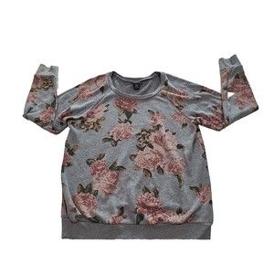 Torrid Women Sweater Sz 0 XL Gray Floral Roses Scoop Long Sleeve Pullover